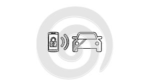 Black line Smart car alarm system icon isolated on white background. The smartphone controls the car security on the