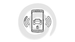 Black line Smart car alarm system icon isolated on white background. The smartphone controls the car security on the