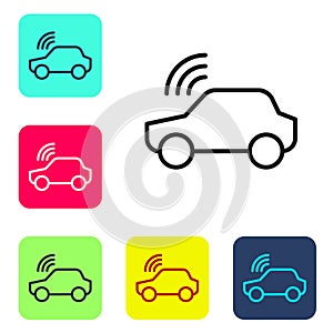 Black line Smart car system with wireless connection icon isolated on white background. Remote car control. Set icons in