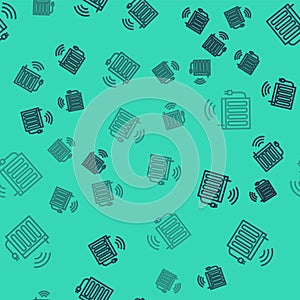 Black line Smart heating radiator system icon isolated seamless pattern on green background. Internet of things concept