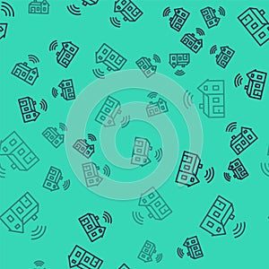 Black line Smart home with wireless icon isolated seamless pattern on green background. Remote control. Internet of