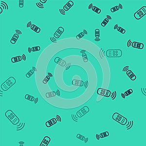 Black line Smart remote control system icon isolated seamless pattern on green background. Internet of things concept