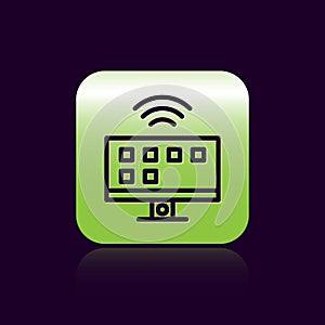 Black line Smart Tv system icon isolated on black background. Television sign. Internet of things concept with wireless