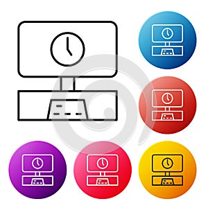 Black line Smart Tv time icon isolated on white background. Television sign. Set icons colorful circle buttons. Vector