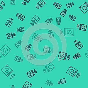 Black line Smart washer system icon isolated seamless pattern on green background. Washing machine icon. Internet of