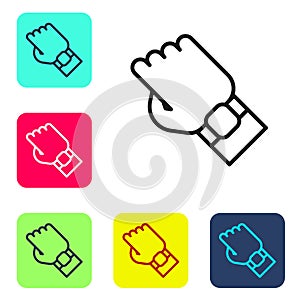 Black line Smart watch on hand icon isolated on white background. Fitness App concept. Set icons in color square buttons. Vector