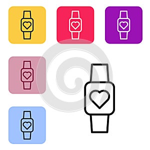 Black line Smart watch showing heart beat rate icon isolated on white background. Fitness App concept. Set icons in