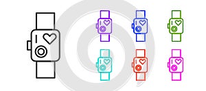 Black line Smart watch showing heart beat rate icon isolated on white background. Fitness App concept. Set icons