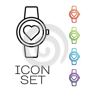 Black line Smart watch showing heart beat rate icon isolated on white background. Fitness App concept. Set icons