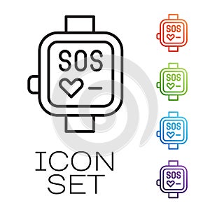 Black line Smart watch showing heart beat rate icon isolated on white background. Fitness App concept. Set icons