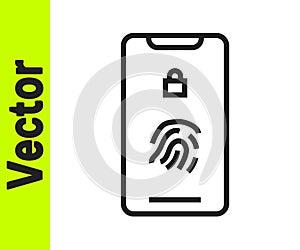 Black line Smartphone with fingerprint scanner icon isolated on white background. Concept of security, personal access