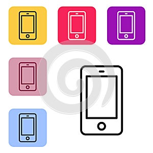 Black line Smartphone, mobile phone icon isolated on white background. Set icons in color square buttons. Vector