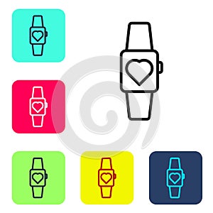 Black line Smartwatch icon isolated on white background. Set icons in color square buttons. Vector