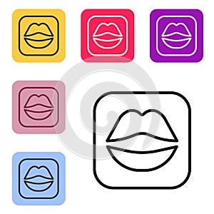 Black line Smiling lips icon isolated on white background. Smile symbol. Set icons in color square buttons. Vector