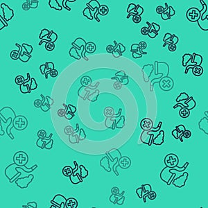 Black line Smoking pipe with smoke icon isolated seamless pattern on green background. Tobacco pipe. Vector