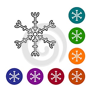 Black line Snowflake icon isolated on white background. Set icons in color circle buttons. Vector Illustration