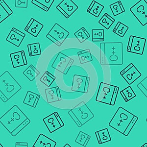 Black line Software, web developer programming code icon isolated seamless pattern on green background. Javascript