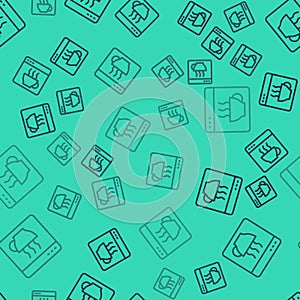 Black line Software, web developer programming code icon isolated seamless pattern on green background. Javascript