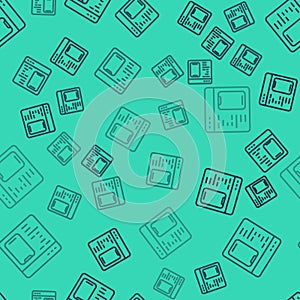 Black line Software, web developer programming code icon isolated seamless pattern on green background. Javascript