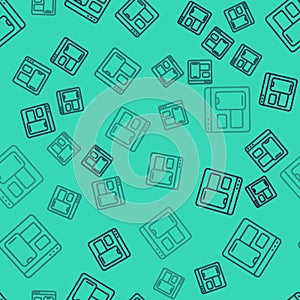 Black line Software, web developer programming code icon isolated seamless pattern on green background. Javascript