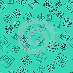 Black line Software, web developer programming code icon isolated seamless pattern on green background. Javascript