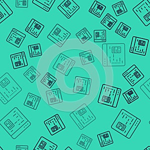 Black line Software, web developer programming code icon isolated seamless pattern on green background. Javascript