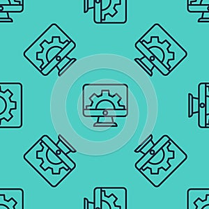 Black line Software, web development, programming concept icon isolated seamless pattern on green background. Programming language