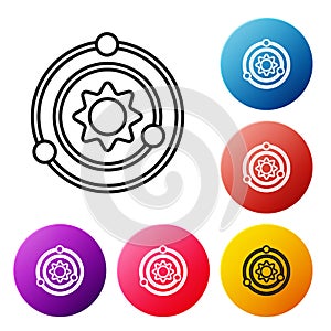 Black line Solar system icon isolated on white background. The planets revolve around the star. Set icons colorful