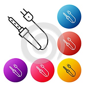 Black line Soldering iron icon isolated on white background. Set icons colorful circle buttons. Vector