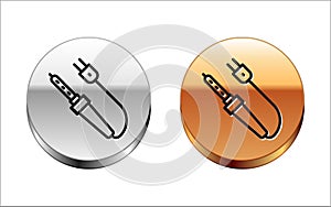 Black line Soldering iron icon isolated on white background. Silver-gold circle button. Vector