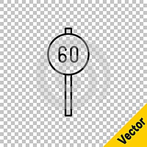 Black line Speed limit traffic sign 60 km icon isolated on transparent background. Vector