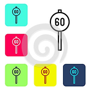 Black line Speed limit traffic sign 60 km icon isolated on white background. Set icons in color square buttons. Vector