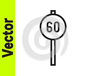 Black line Speed limit traffic sign 60 km icon isolated on white background. Vector