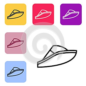 Black line Speedboat icon isolated on white background. Set icons in color square buttons. Vector