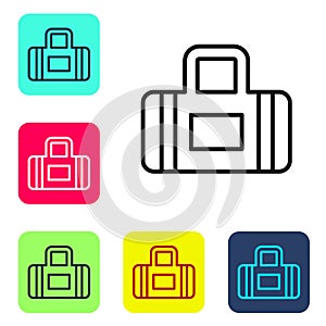 Black line Sport bag icon isolated on white background. Set icons in color square buttons. Vector