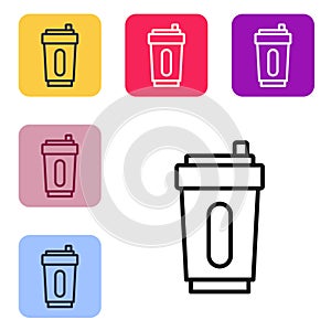 Black line Sport bottle with water icon isolated on white background. Set icons in color square buttons. Vector