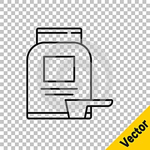 Black line Sports nutrition bodybuilding proteine power drink and food icon isolated on transparent background. Vector