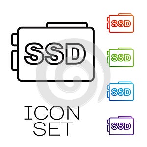 Black line SSD card icon isolated on white background. Solid state drive sign. Storage disk symbol. Set icons colorful