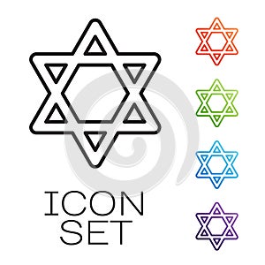 Black line Star of David icon isolated on white background. Jewish religion symbol. Symbol of Israel. Set icons colorful