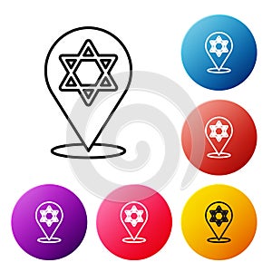 Black line Star of David icon isolated on white background. Jewish religion symbol. Symbol of Israel. Set icons colorful