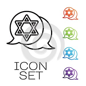 Black line Star of David icon isolated on white background. Jewish religion symbol. Symbol of Israel. Set icons colorful