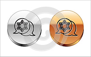 Black line Star of David icon isolated on white background. Jewish religion symbol. Symbol of Israel. Silver-gold circle