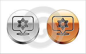 Black line Star of David icon isolated on white background. Jewish religion symbol. Symbol of Israel. Silver-gold circle