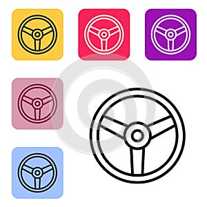 Black line Steering wheel icon isolated on white background. Car wheel icon. Set icons in color square buttons. Vector
