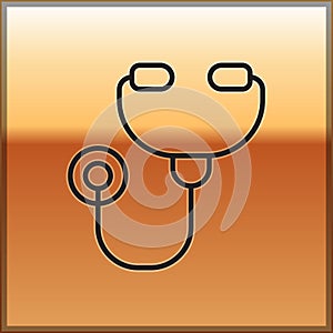 Black line Stethoscope medical instrument icon isolated on gold background. Vector Illustration
