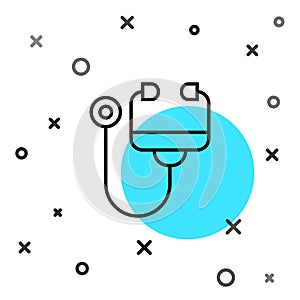 Black line Stethoscope medical instrument icon isolated on white background. Random dynamic shapes. Vector