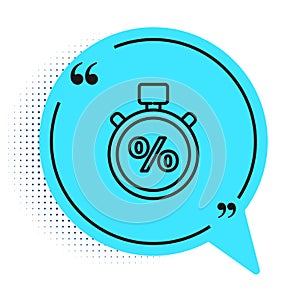 Black line Stopwatch and percent icon isolated on white background. Time timer sign. Blue speech bubble symbol. Vector