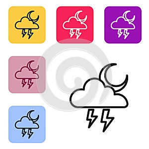 Black line Storm icon isolated on white background. Cloud with lightning and moon sign. Weather icon of storm. Set icons