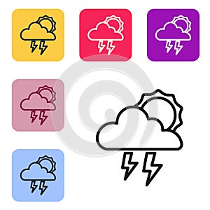 Black line Storm icon isolated on white background. Cloud with lightning and sun sign. Weather icon of storm. Set icons