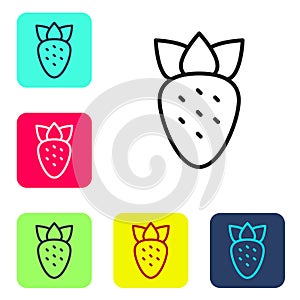 Black line Strawberry icon isolated on white background. Set icons in color square buttons. Vector